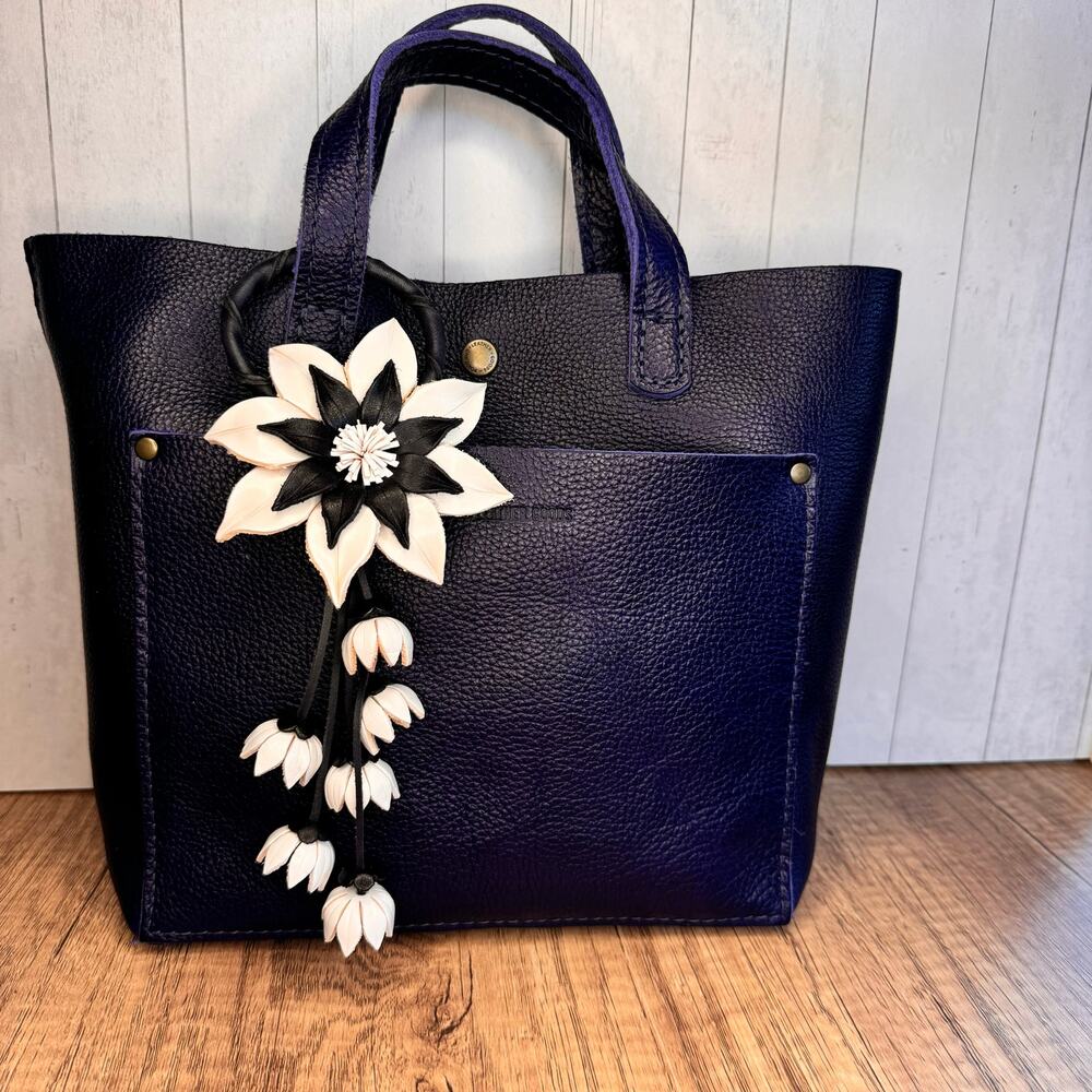 Black White Flower Purse Charm Genuine Leather Flower Bag Charm NEW FAST SHIP